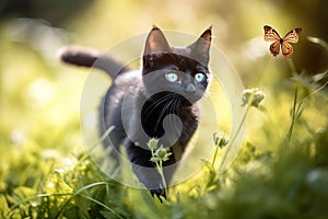 Cute little black kitten chasing butterfly in the meadow.