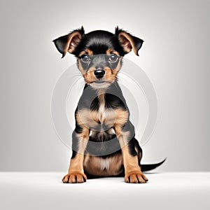 Cute little black puppy of Russian Toy Terrier breed sits on white background and looks into the frame. Beautiful illustration of