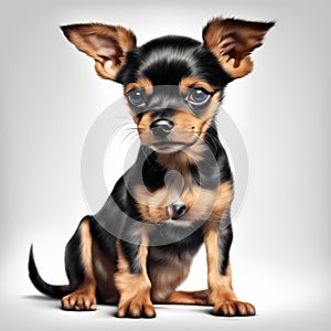 Cute little black puppy of Russian Toy Terrier breed sits on white background and looks into the frame. Beautiful illustration of