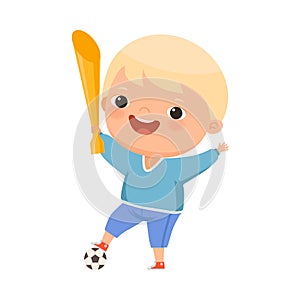 Cute Little Blond Boy Winner with Gold Prize for Football Match Vector Illustration