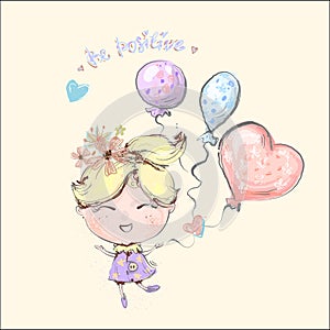 Cute little blond Girl flying with balloons, birthday card, vector illustration, Be positive concept and positive