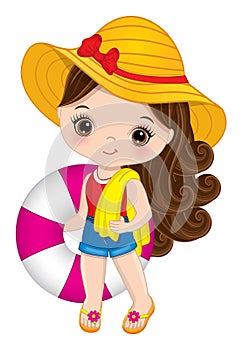 Cute Little Brunette Girl Holding Buoy and Beach Towel