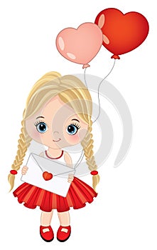 Cute Little Blond Girl Holding Heart Shape Air Balloons. Vector Cute Girl with Balloons