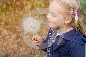 Cute little blond girl with huge fluffy dandelion in hand.