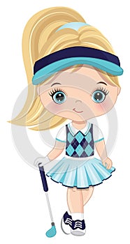 Cute Little Blond Girl Playing Golf. Vector Little Golfer