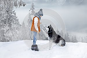 Cute little blonde girl playing in the snow with a dog Husky