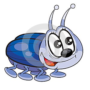 Cute little blue beetle character with big eyes, cartoon illustration, isolated object on white background, vector