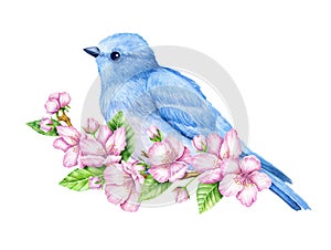 Cute little blue bird in bloom. Watercolor illustration. Cute animals and birds. Spring symbol. Happy Easter. Blue luck bird