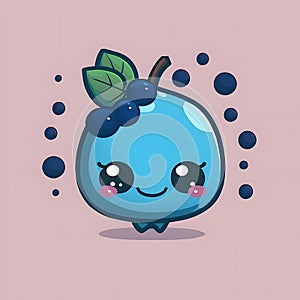 Cute little blueberry with leaf. Funny and friendly food faces. Chibi happy cartoon characters.