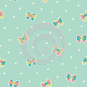 Cute little bows and hearts scattered on pastel blue background seamless vector