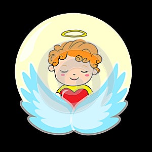 Cute little boy angel with heart and wings. Vector illustration.