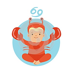 Cute little boy as Cancer astrological sign. Horoscope symbol symbol colorful character vector Illustration