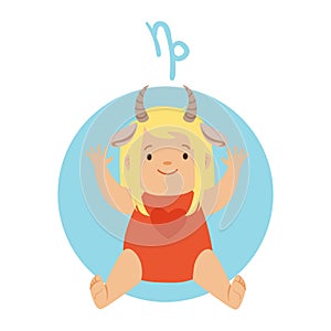 Cute little boy as Capricorn astrological sign. Horoscope symbol colorful character vector Illustration