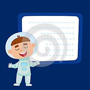 Cute little boy astronaut with a blank poster for your text entr