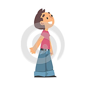 Cute Little Boy with Beaming Smile Standing and Looking Up Vector Illustration