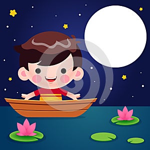 Cute Little Boy On A Boat At Night Vector Illustration