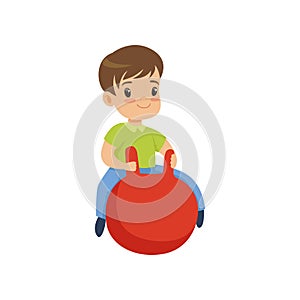 Cute little boy bouncing on red hopper ball vector Illustration on a white background