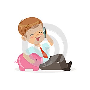 Cute little boy businessman talking on smartphone and hugging his piggy bank, kids savings and finance vector