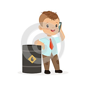 Cute little boy businessman talking on smartphone standing next to a barrel of oil, vector Illustration