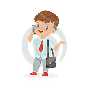 Cute little boy businessman talking on smartphone, vector Illustration