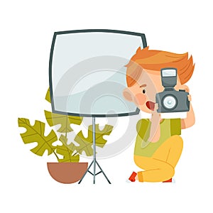 Cute Little Boy with Camera Taking Photograph Having Studio Lighting Vector Illustration