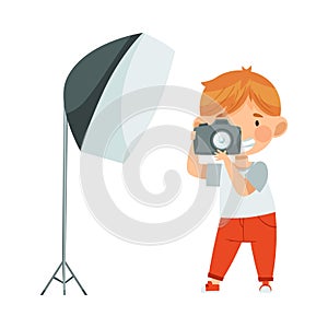 Cute Little Boy with Camera Taking Photograph Having Studio Lighting Vector Illustration