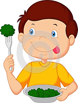 Cute little boy cartoon eats vegetable using fork photo