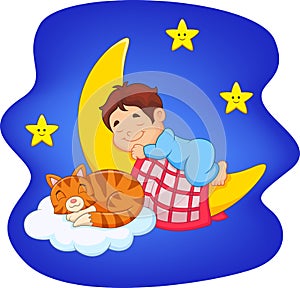 Cute little boy with cat sleeping on the moon