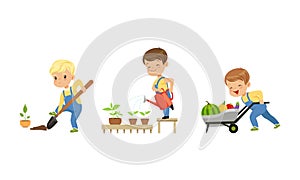 Cute Little Boy Character Digging the Hole with Shovel, Watering Plants and Harvesting Pulling Wheelbarrow with Crops