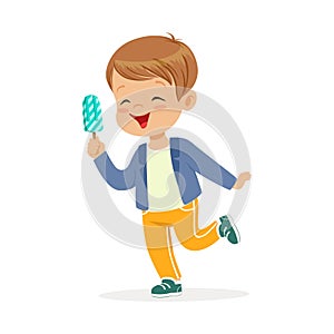 Cute little boy character feeling happy with his ice cream cartoon vector Illustration
