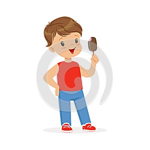 Cute little boy character feeling happy with his ice cream cartoon vector Illustration