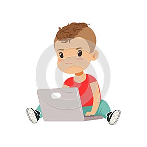 Cute little boy character using laptop while sitting on the floor vector Illustration on a white background