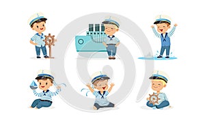 Cute Little Boy Character Wearing Mariner Uniform Vector Illustrations Set