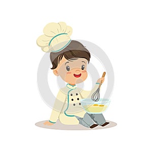 Cute little boy chef with mixing bowl and a whisk vector Illustration