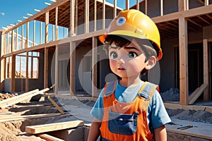 A cute little boy in a construction helmet on the background of a new house