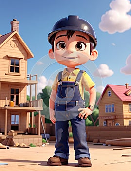 A cute little boy in a construction helmet and overalls standing in front of a new house