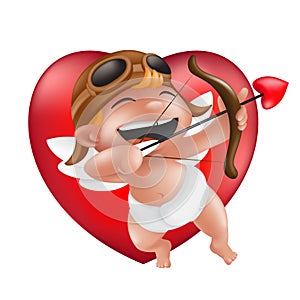 Cute little boy cupid in a diaper, helmet and pilot glasses, laughing and archery on a red heart. Vector illustration for 14th