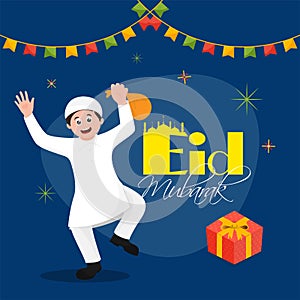 Cute little boy dancing on retro blue color background for Eid Mubarak.