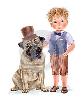 Cute little boy with the dog pug character. Funny baby in a bow tie, a pedigree animal in a bow tie, and a hat. Ideal for print, p