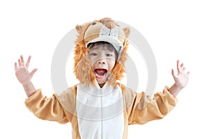 Cute little boy dressed in lion suit photo