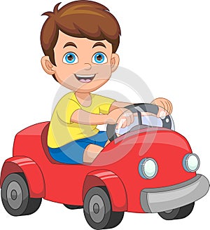 cute little boy driving a toy car cartoon
