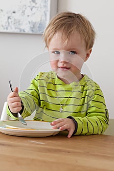 Cute little boy eating in cozy dining room. Child having a dinner at home. Healthy nutrition for small kids.