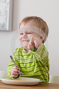 Cute little boy eating in cozy dining room. Child having a dinner at home. Healthy nutrition for small kids.