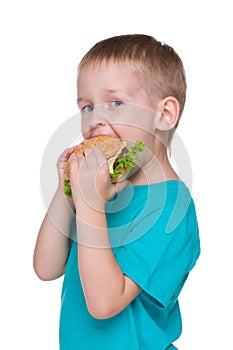 Cute little boy eats hamburger