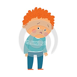Cute little boy exhausted. Tired kid. Cartoon hand drawn10 illustration isolated on white background in a flat style.