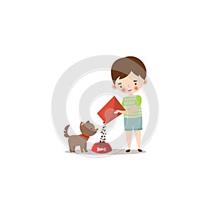 Cute little boy feeding a dog . Raster illustration in flat cartoon style