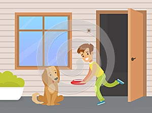 Cute Little Boy Feeding his Pet Dog Cartoon Vector Illustration