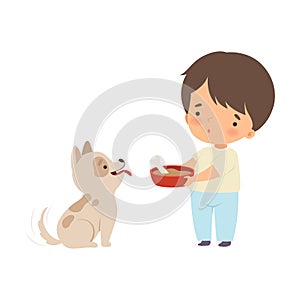 Cute Little Boy Feeding His Puppy, Adorable Kid Caring for Animal Cartoon Vector Illustration