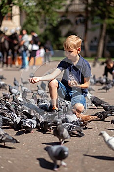 Cute little boy feeding pigeons in the city park.