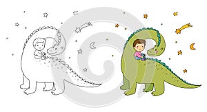 Cute little boy and funny dinosaur. The kid and the dragon. Illustration for coloring books. Monochrome and colored